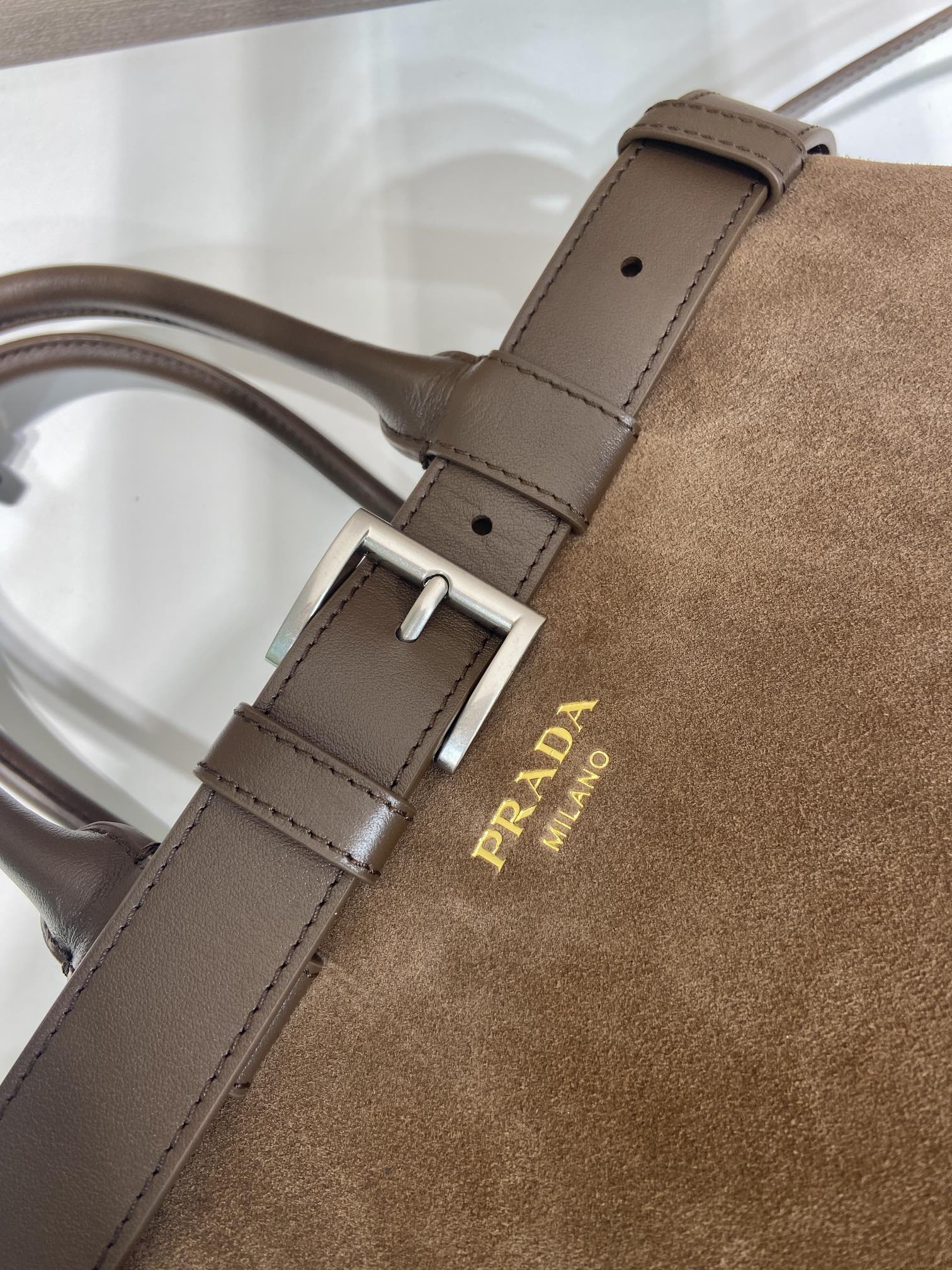 Prada Large Prada Buckle suede bag with belt  27.5x37.5x14cm