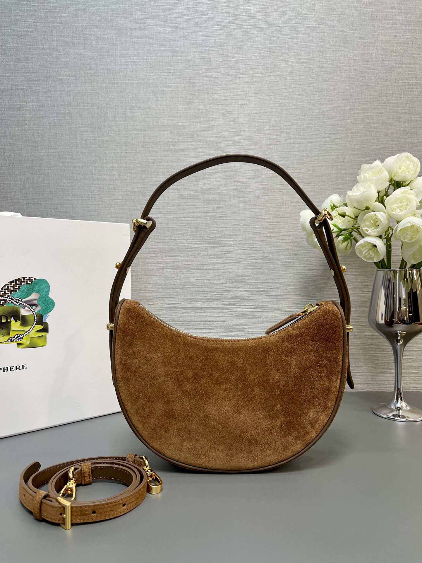 Prada Arqué suede shoulder bag 22.5x18.5x6.5cm