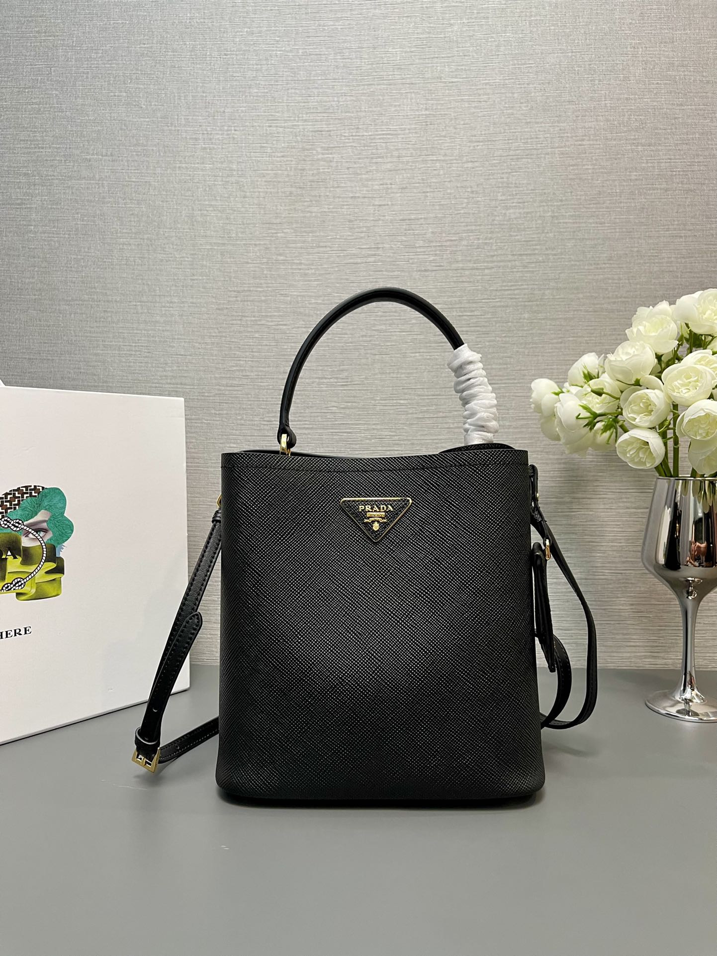 Prada Medium Saffiano Leather Prada Panier Bag 22.5x 21.5x13cm