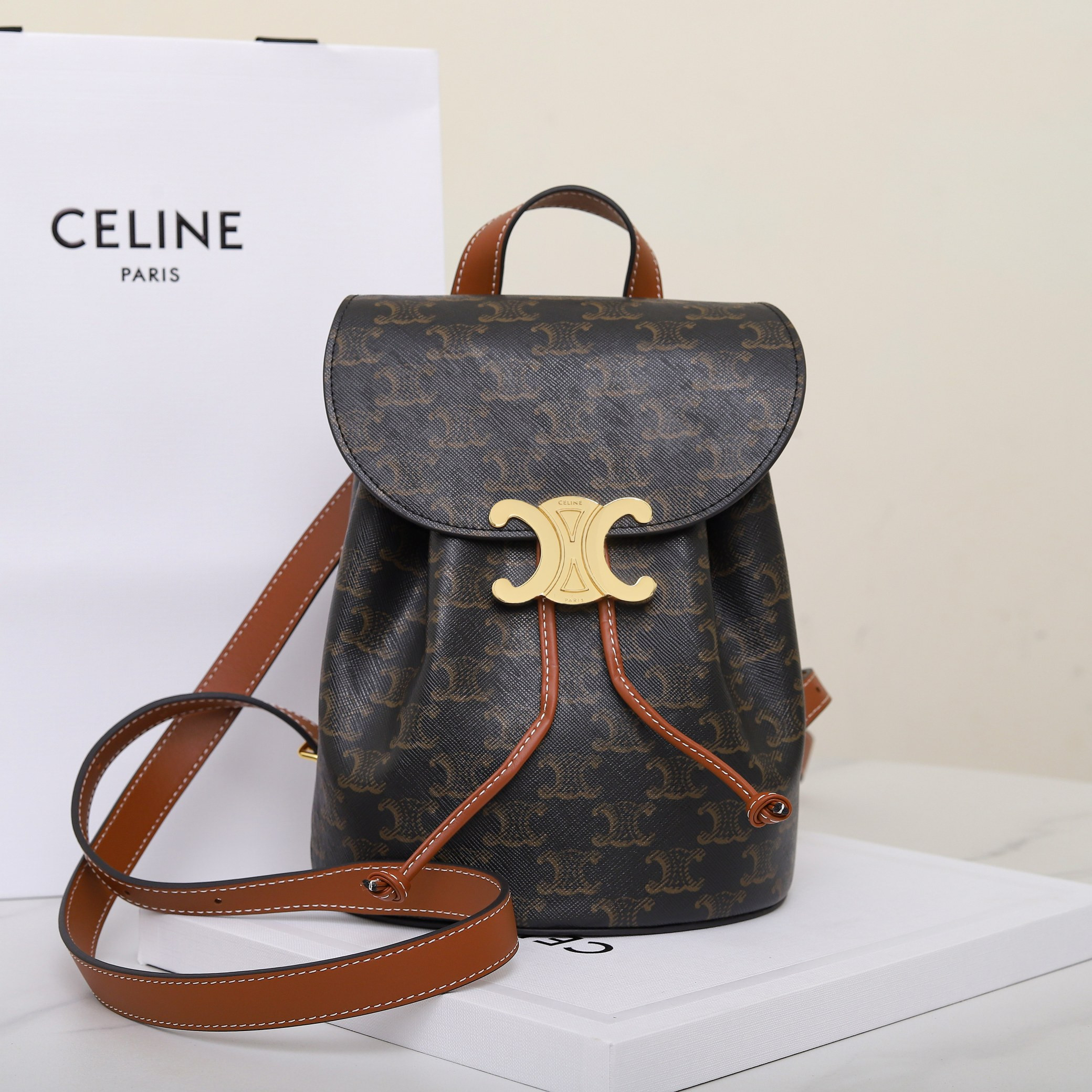 CELINE BONNIE BACKPACK IN TRIOMPHE CANVAS AND CALFSKIN 118702 25x18x13cm