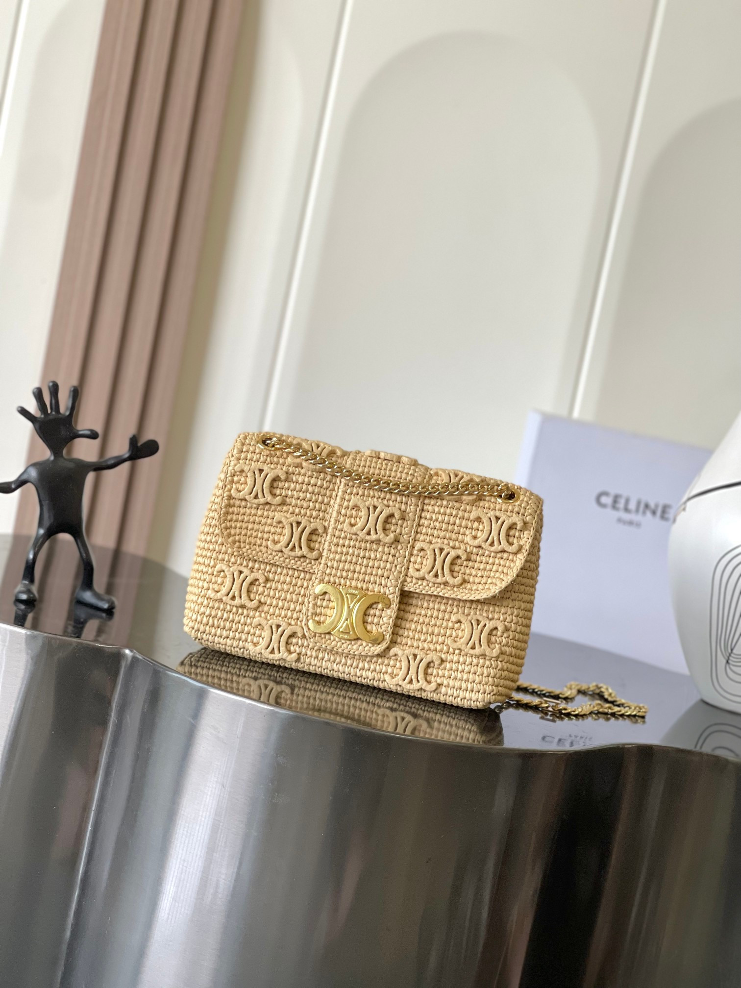 Celine Victoire Medium Bag IN RAFFIA WITH TRIOMPHE EMBROIDERIES 25x17x9cm