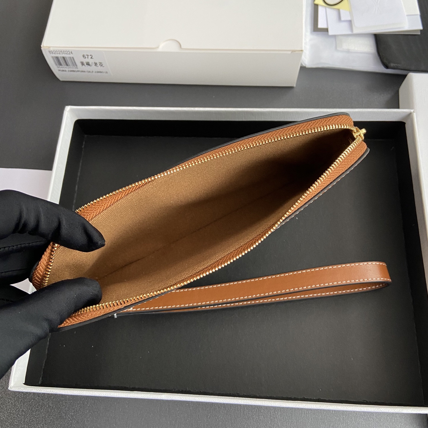 Celine LONG POUCH WITH STRAP in triomphe canvas and calfskin 21.5x11.5x1cm