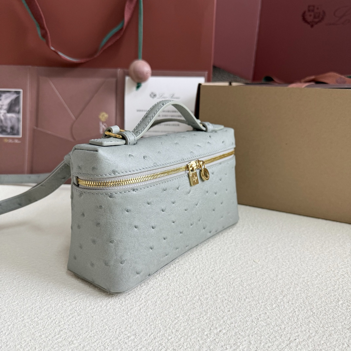 Loro Piana Extra Pocket L19 Ostrich-grained Leather 11 x 19 x 6.5 cm