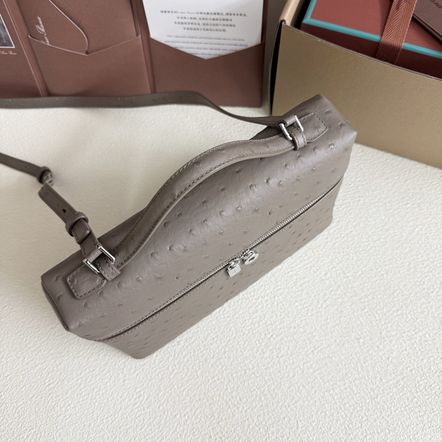 Loro Piana Extra Pocket L27 Ostrich-grained Leather 16x27x10cm